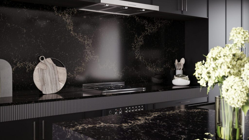 Luxurious black kitchen featuring a Caesarstone benchtop and splashback with gold veining, matte black cabinetry, modern stainless steel range hood