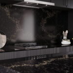 Luxurious black kitchen featuring a Caesarstone benchtop and splashback with gold veining, matte black cabinetry, modern stainless steel range hood