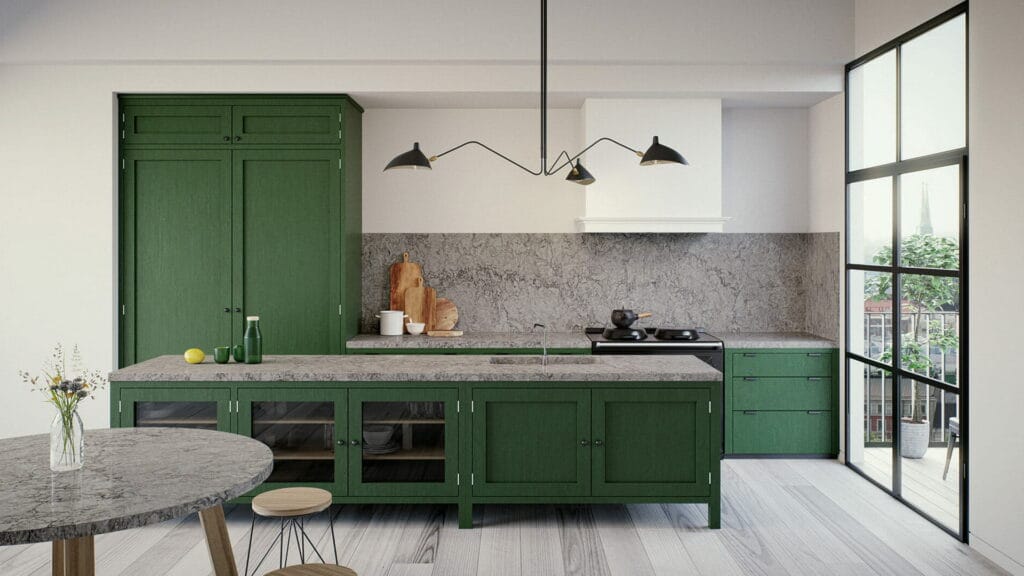 Modern kitchen featuring deep green cabinetry, a Caesarstone benchtop and splashback with natural veining, sculptural black pendant light for a bold yet elegant design