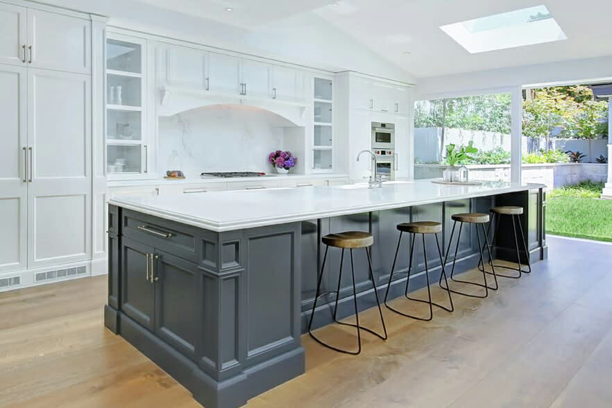 white kitchen with grey cabinetry
