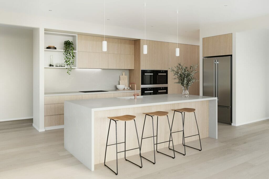 caesarstone cloudburst concrete benchtop with wooden kitchen cabinets.