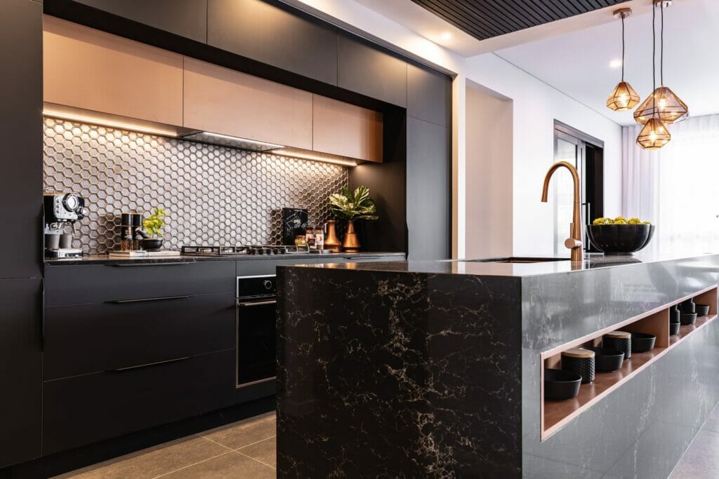 black modern kitchen with Caesarstone Vanilla Noir benchtop.