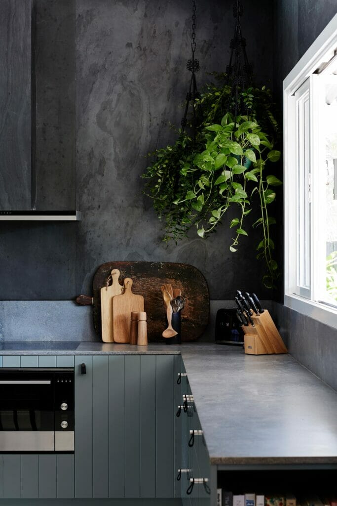 Modern caesarstone kitchen with green cabinetry, grey stone splashback, hanging plants, and concrete benchtops.