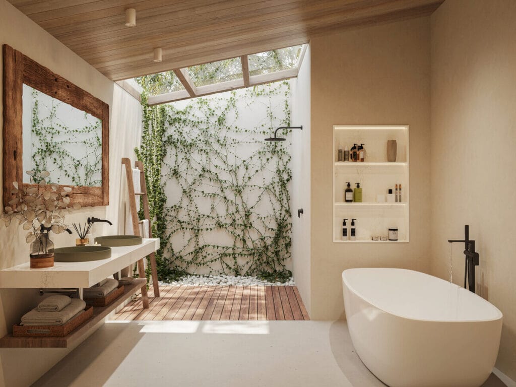 Luxurious bathroom with a nature-inspired design featuring a freestanding bathtub, floating Caesarstone vanity with dual basins, outdoor shower surrounded by lush greenery.