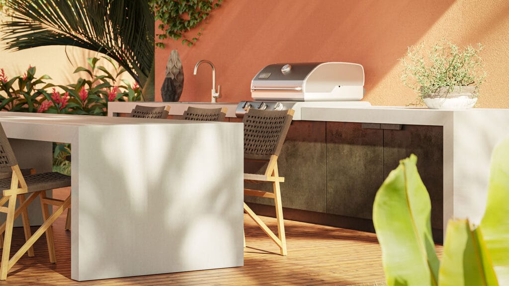 Sunlit alfresco kitchen featuring durable, UV-resistant Caesarstone porcelain benchtop and table.