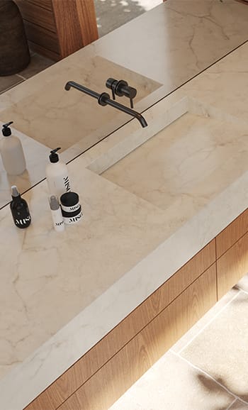 Bathroom vanity in Caesarstone porcelain surface, blending soft veining with warm timber tones for a natural, spa-like retreat.