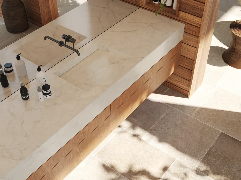 Minimalist floating bathroom vanity with Caesarstone Porcelain Marbannova surface, black matte tapware, and timber dividing wall.
