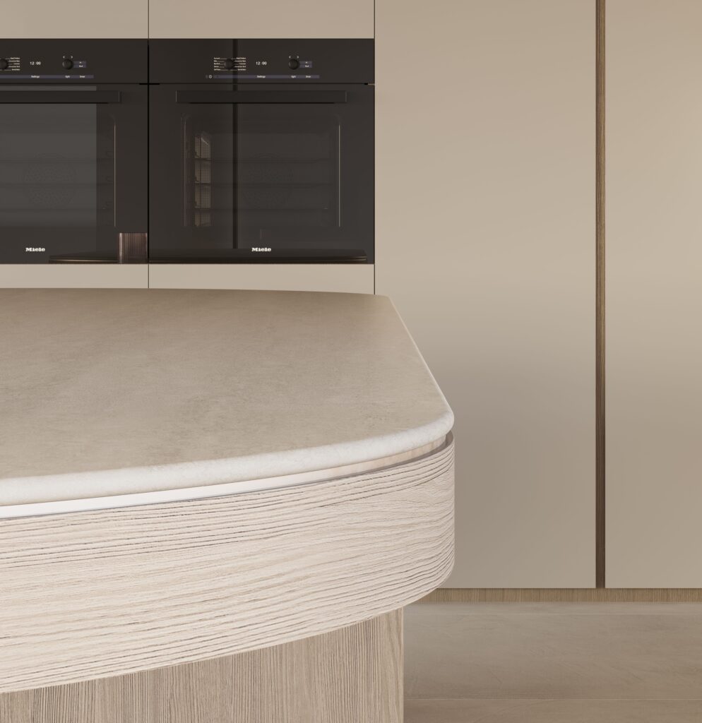 Curved Caesarstone Silvax Porcelain kitchen benchtop with light-washed timber curved edging