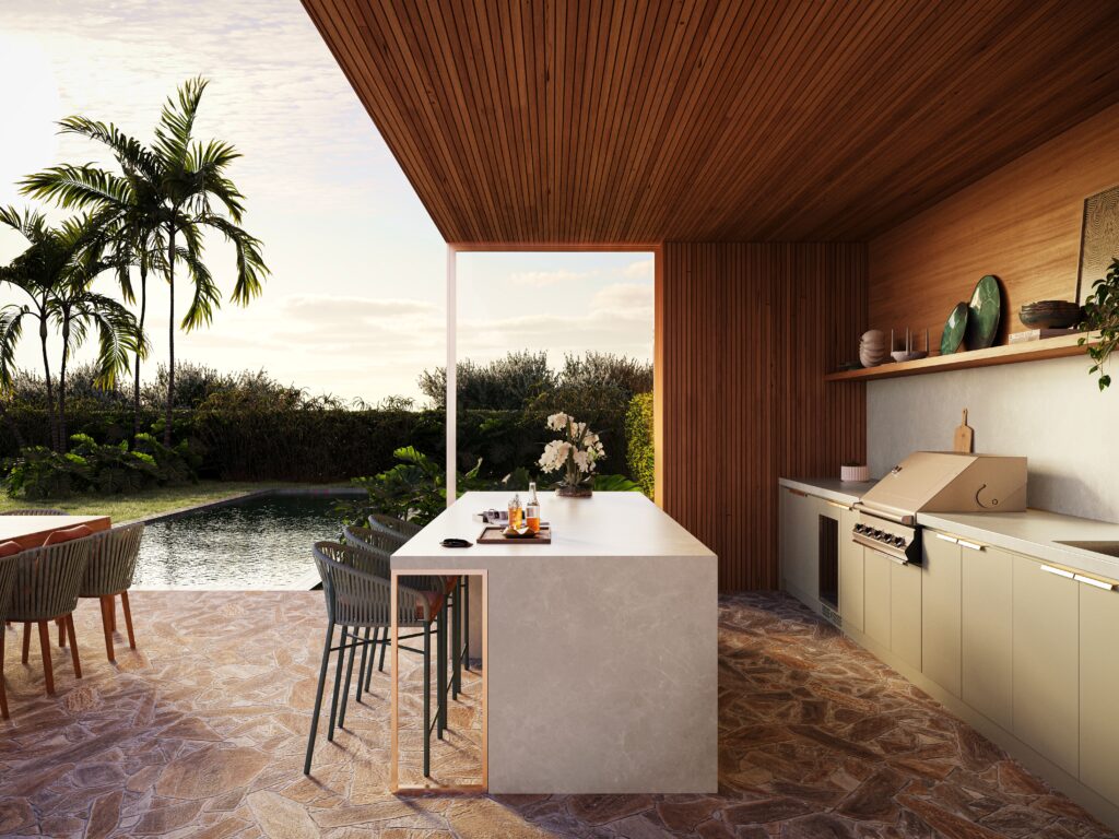 Outdoor living alfresco space using Caesarstone porcelain benchtop in colour Lucillia