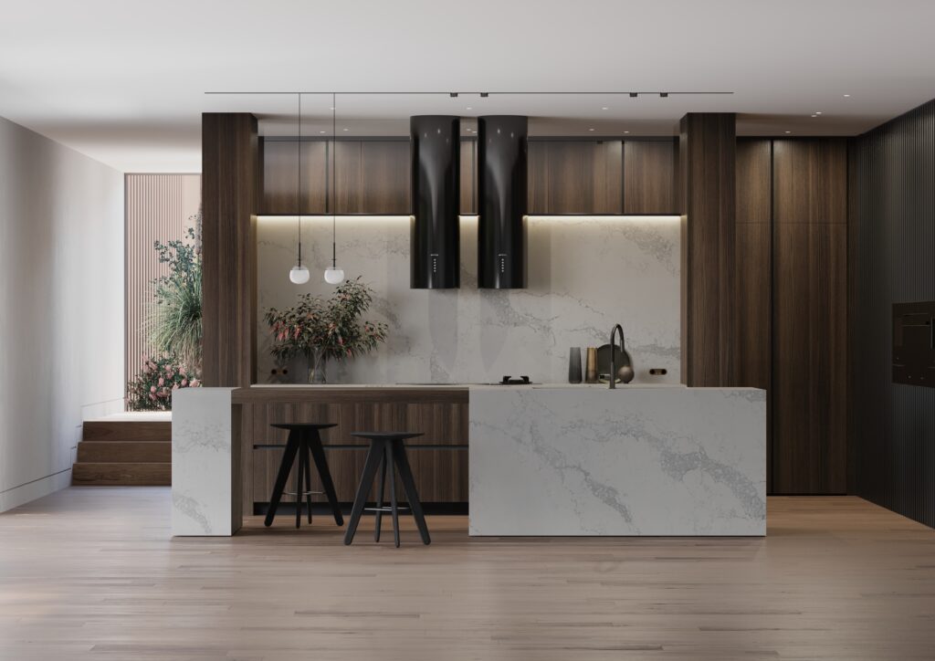 Modern kitchen with dramatic dark timber cabinetry and island wrapped in Caesarstone, featuring bold veining and a seamless waterfall edge for a striking, contemporary finish.