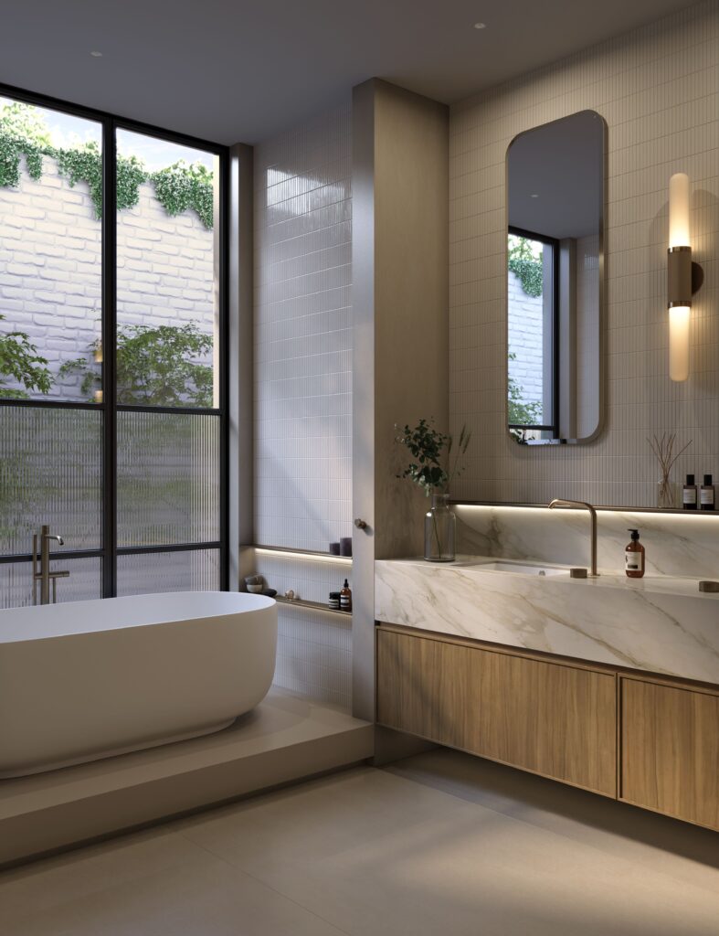 Contemporary bathroom featuring Caesarstone Porcelain on a floating vanity, with a freestanding bath, large windows, and ambient lighting.