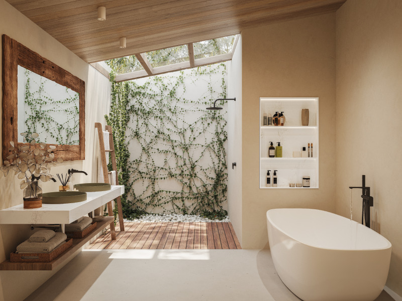 Modern bathroom featuring Caesarstone Mineral benchtop with a floating double vanity, freestanding bath, skylight, and indoor garden wall.