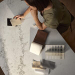 Design flatlay showcasing Caesarstone with complementary materials for cabinetry, flooring, and splashback inspiration.