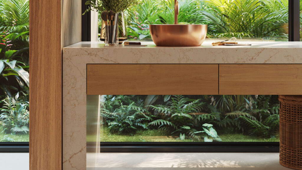 Pairing benchtop with natural textures including timber cabinetry, rattan details, and warm metallic finishes.