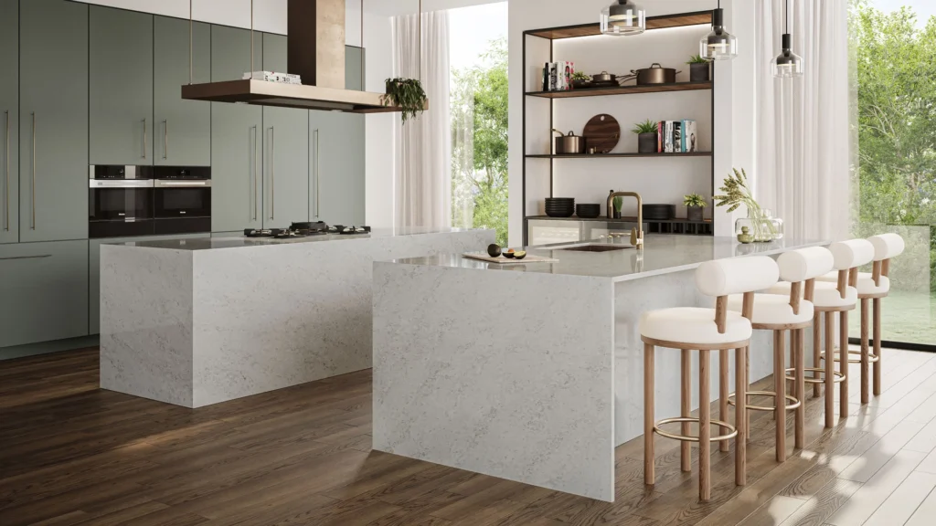 Modern kitchen layout with Caesarstone surface, muted deep green panelled cabinetry, and rich timber floors for a clean, tonal finish.