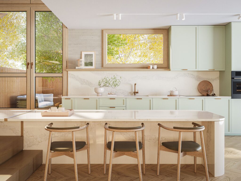 Kitchen design featuring Caesarstone with curved benchtop edges, traditional framed mint cabinetry, and oak flooring for a balanced, timeless aesthetic.
