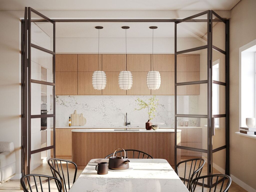 calcatta dreamwave ICON range white and grey marble kitchen benchtop and dining table