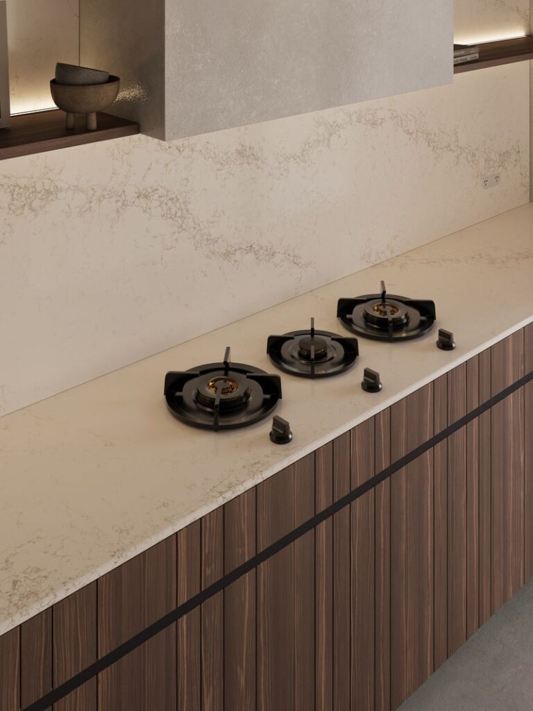 Kitchen benchtop with integrated Pitt Cooking burners, heat resistant benchtop