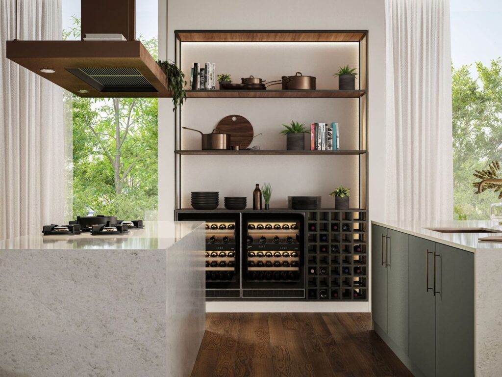 Contemporary kitchen with Caesarstone<sup>®</sup> surfaces, integrated Pitt Cooking burners, dual wine fridges, and open timber shelving styled with cookware and greenery.
