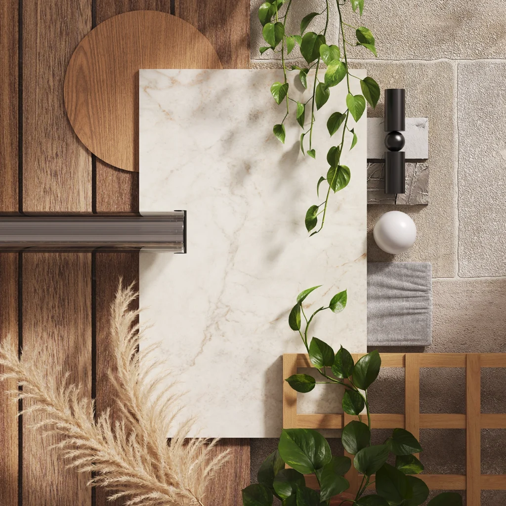 Flatlay of Caesarstone surface sample with warm brown veining, surrounded by timber, stone, greenery, and textured material swatches in a natural, earthy palette.