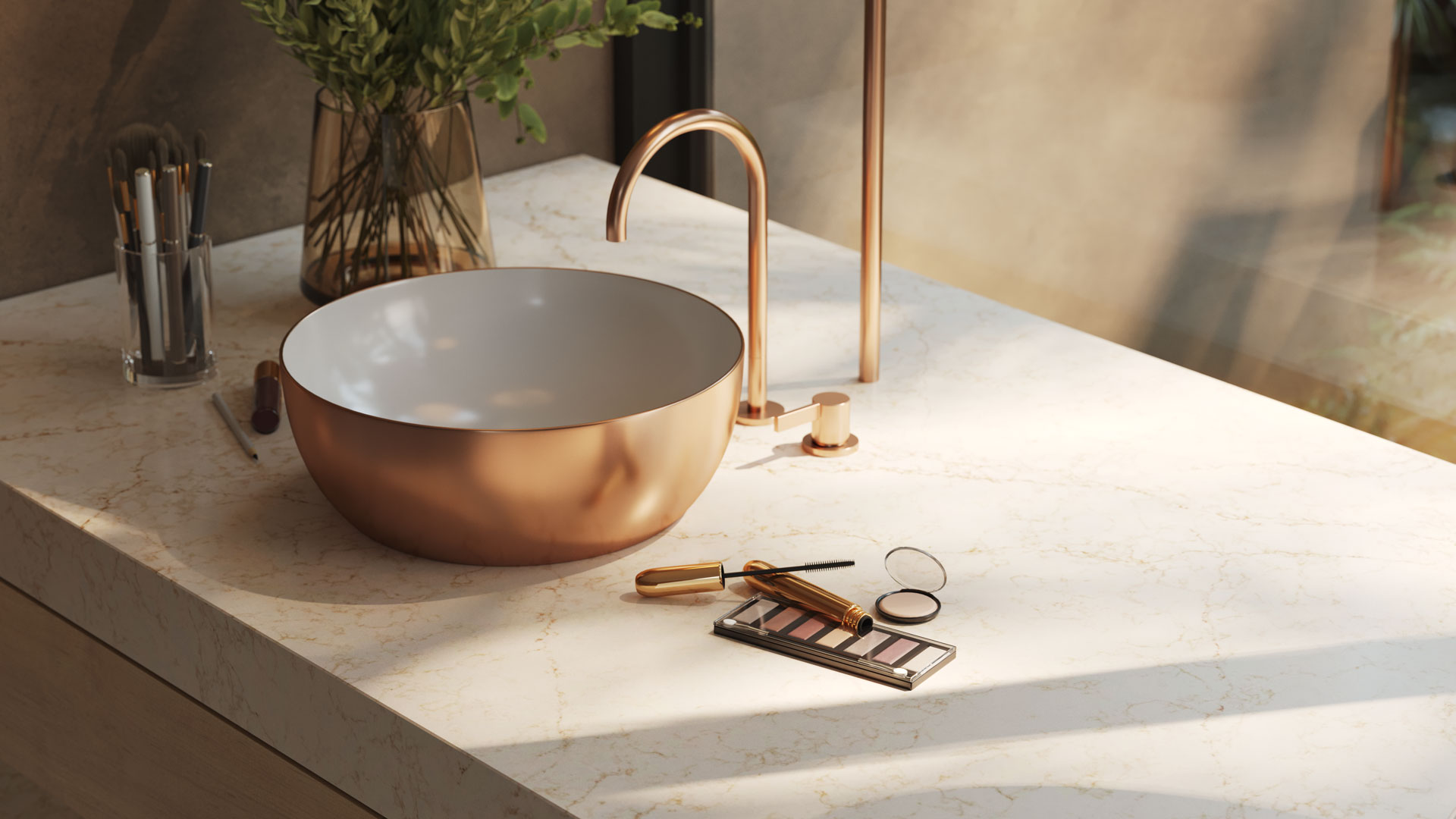 Vanity with white and gold-veined Caesarstone surface, round basin, copper tapware, and makeup items arranged in soft natural light.