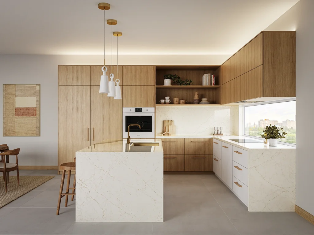 Contemporary kitchen with Caesarstone benchtops and splashback in a light marble-look finish, warm timber cabinetry, white lower cabinets, and gold accents.