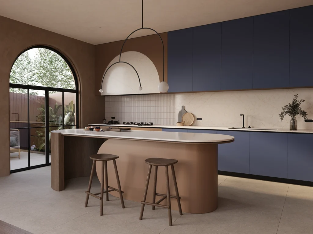 Modern kitchen with curved island in warm brown tones, Caesarstone benchtop, navy cabinetry, arched window, and minimalist pendant lighting.
