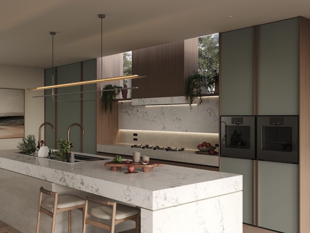 Warm-toned kitchen featuring Caesarstone<sup>®</sup> Porcelain Aluminous and Mineral Calacatta Dreamwave surfaces paired with timber cabinetry.