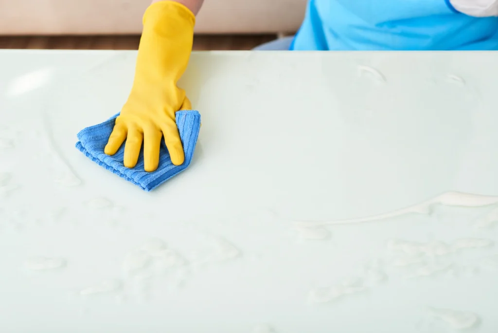 Wiping down a Caesarstone benchtop with warm soapy water as part of regular care and maintenance.