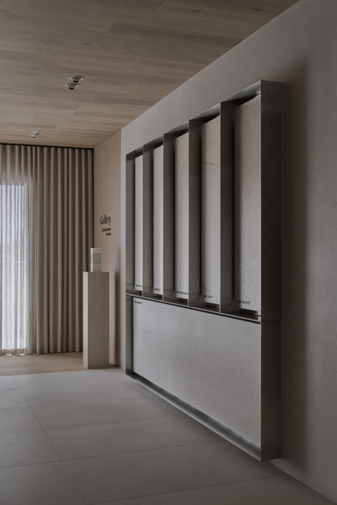 Porcelain slab gallery inside Caesarstone’s Adelaide showroom in Wingfield displaying large-format surface panels.