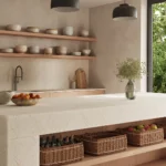 Caesarstone Mineral ICON 8251 Taj Whisper beige one-wall kitchen with island