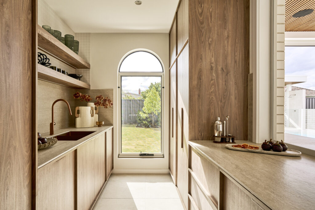 Butler’s pantry with Caesarstone Silvax Porcelain benchtop and mosaic splashback in The Kingscliff home