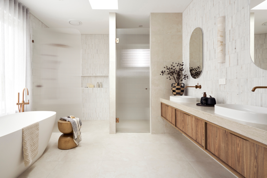 Close-up of Silvax Porcelain vanity surface showing silver-grey banding and stone finish texture