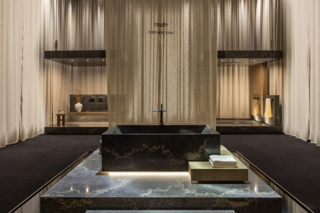 A refined vanity composition where Caesarstone<sup>®</sup> ICON™ Vanilla Noir anchors the space with depth and quiet drama.