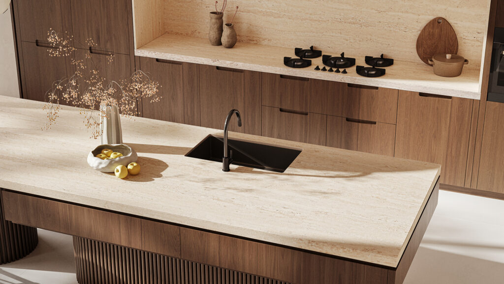 Contemporary kitchen featuring Caesarstone<sup>®</sup> 551 Travina porcelain benchtops and splashback with layered travertine-inspired detailing paired with rich timber cabinetry and warm natural styling.