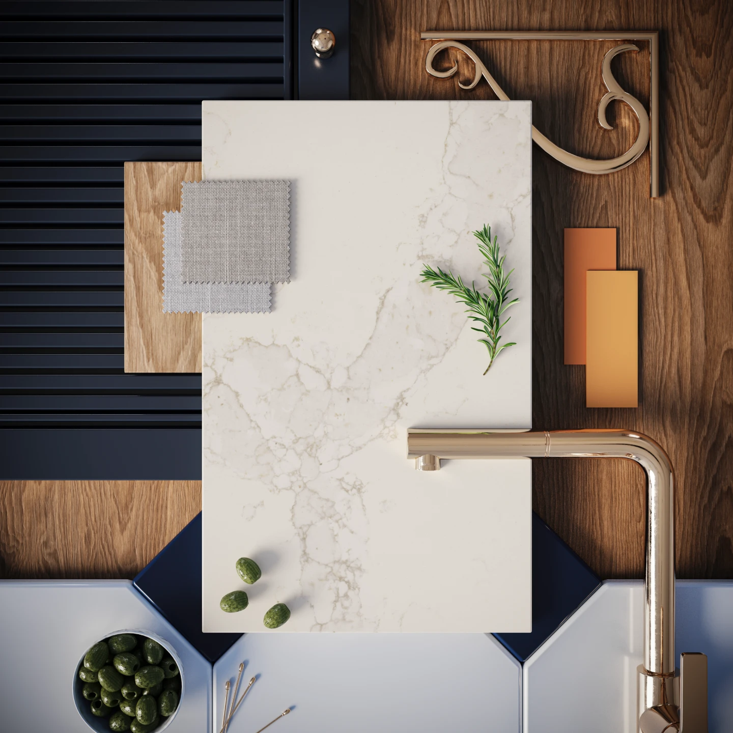 Open-plan kitchen with Caesarstone<sup>®</sup> mineral surface island, paired with blue cabinetry, timber detailing and brass accents