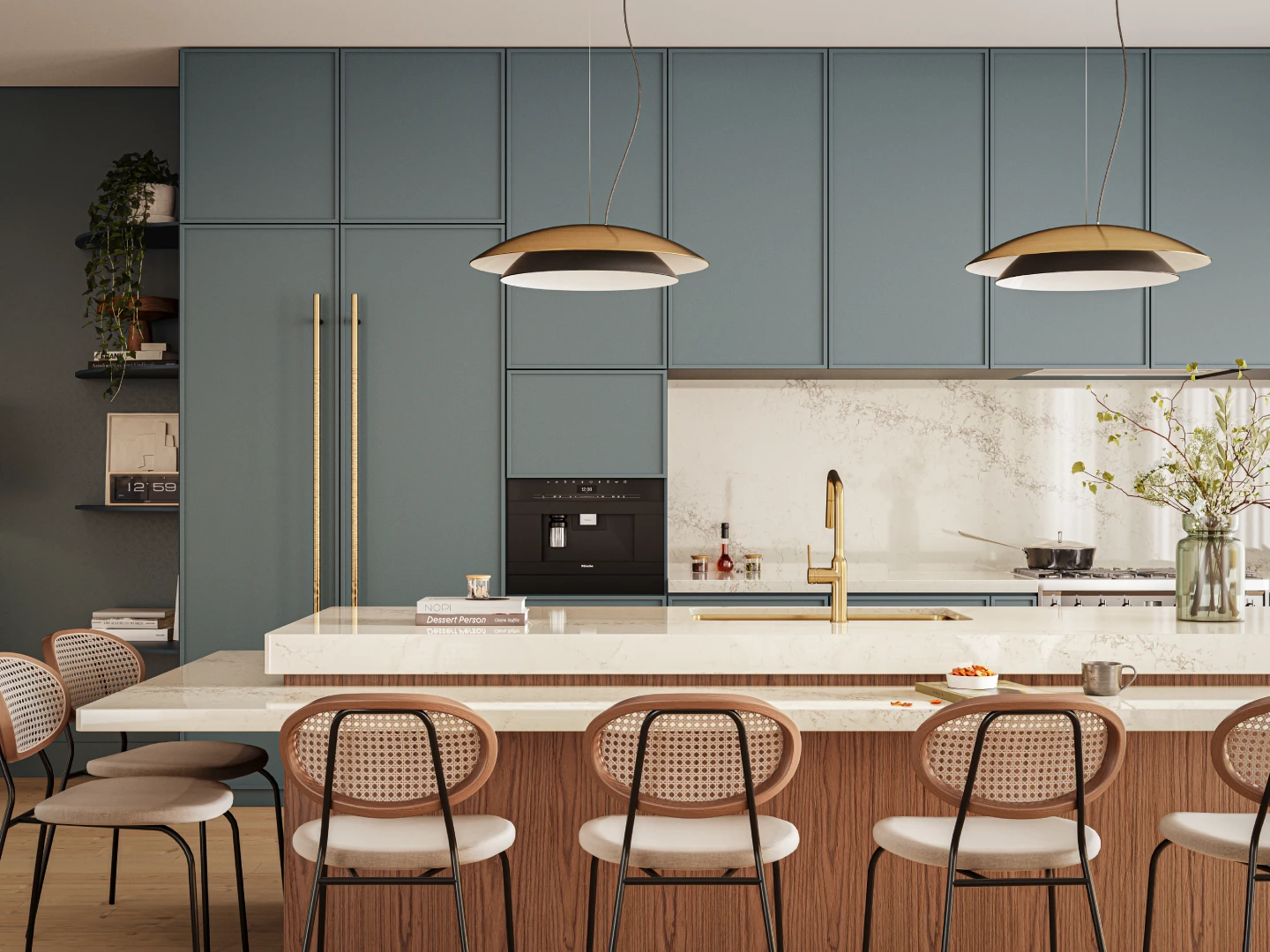 Open-plan kitchen with Caesarstone<sup>®</sup> mineral surface island, paired with blue cabinetry, timber detailing and brass accents
