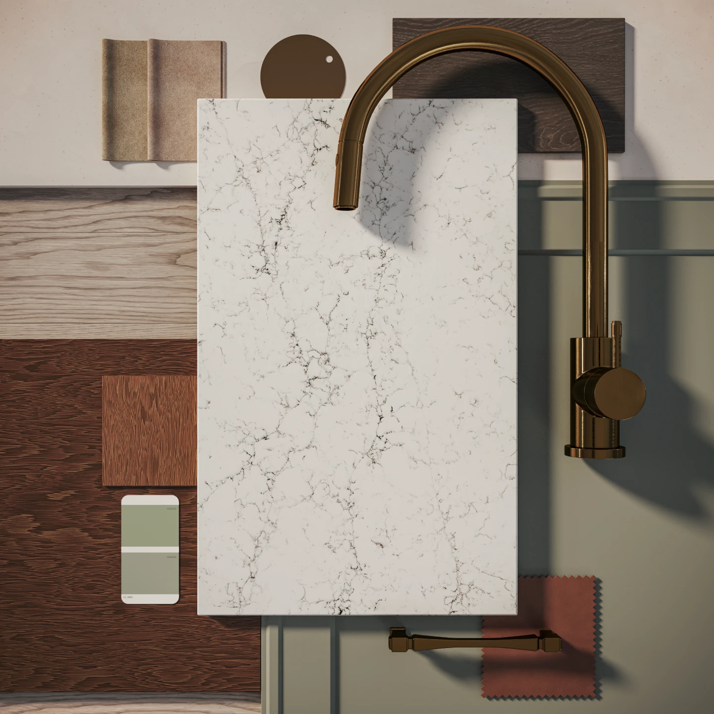 White Attica mineral surface sample styled with warm wood, brushed brass tapware and neutral interior finishes moodboard