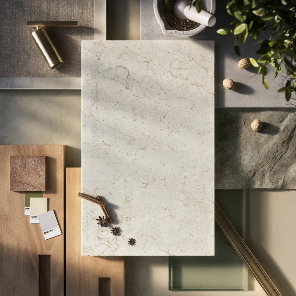 Caesarstone<sup>®</sup> Fossillia™ pale veined stone sample on styled flatlay with timber board, brass hardware and dried botanicals in natural neutral palette.