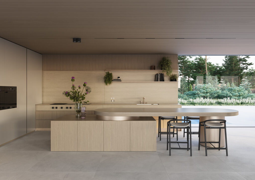 Modern minimalist kitchen featuring Caesarstone<sup>®</sup> 550 Silvax porcelain surfaces across the island, benchtops and splashback with warm timber cabinetry and soft travertine-inspired tones.