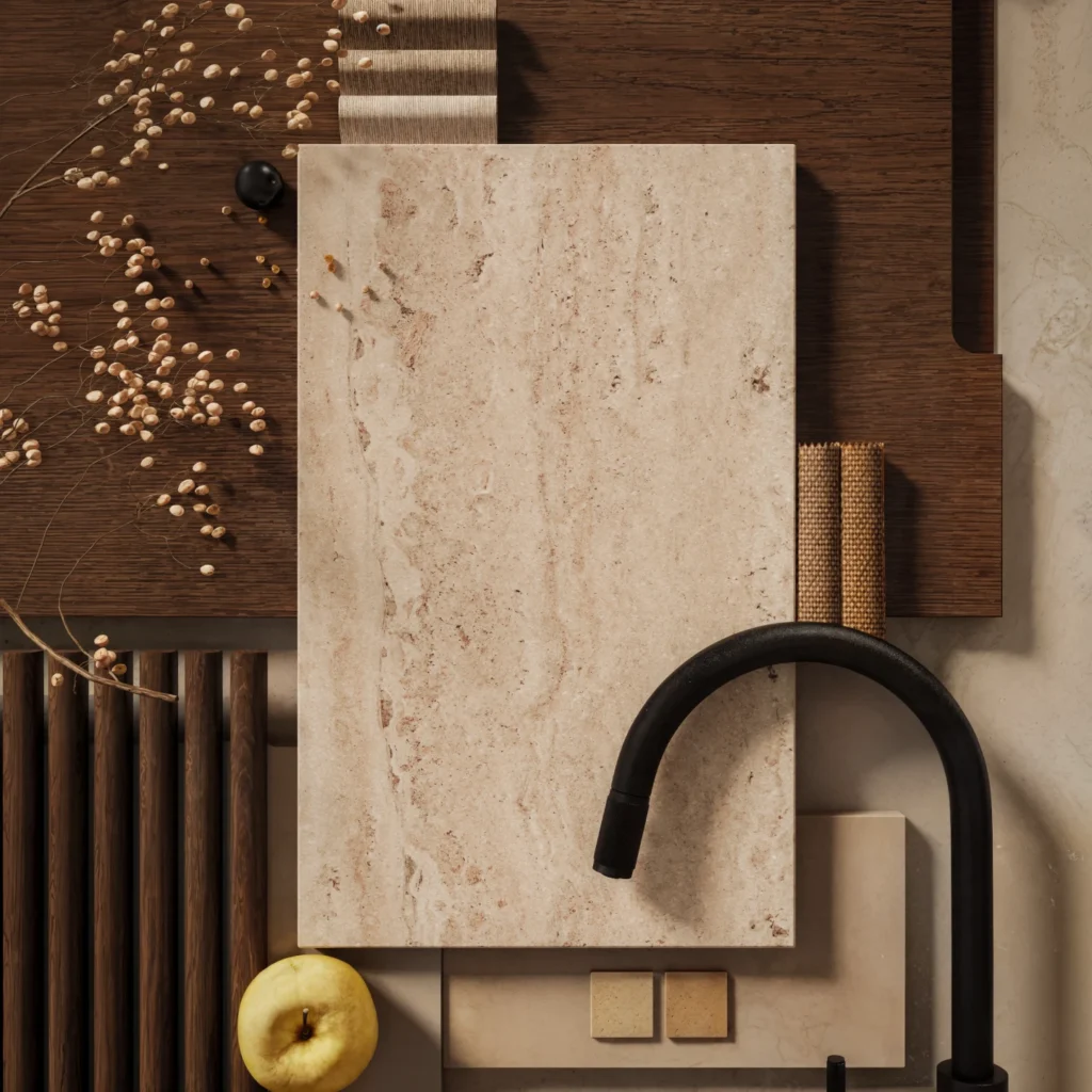 Casearstone Travina™ warm beige stone sample on styled flatlay with matte black tapware, timber and stone styling in earthy neutral palette.