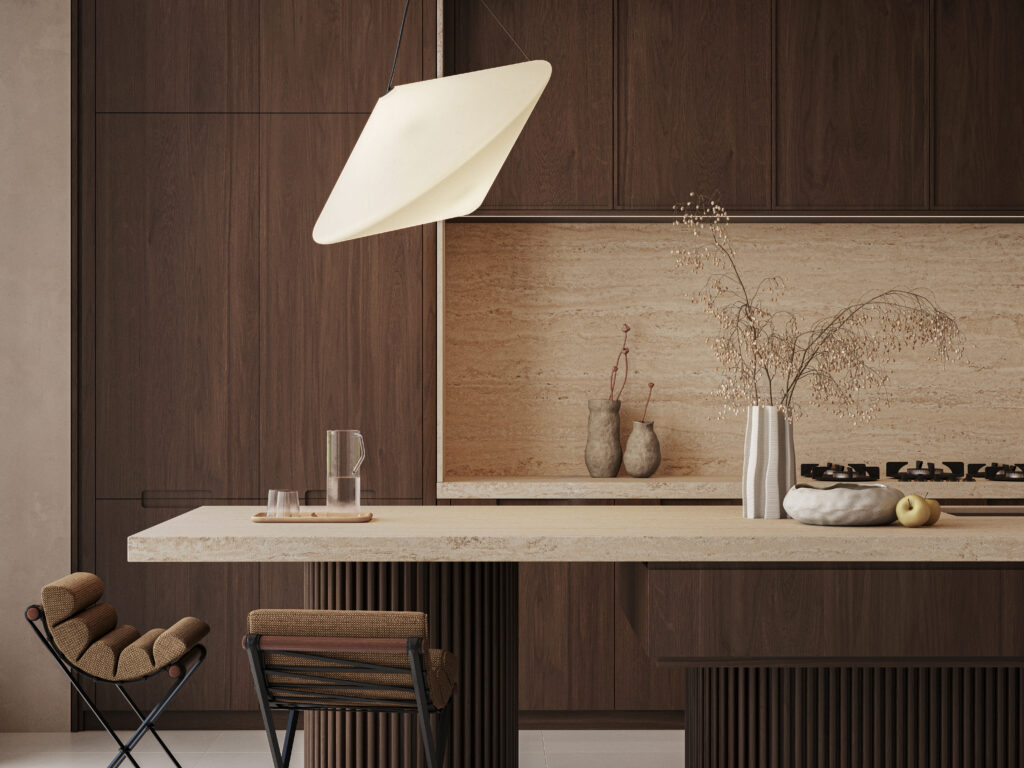 Contemporary kitchen featuring Caesarstone<sup>®</sup> 551 Travina porcelain benchtops and splashback paired with rich timber cabinetry and warm travertine-inspired detailing.