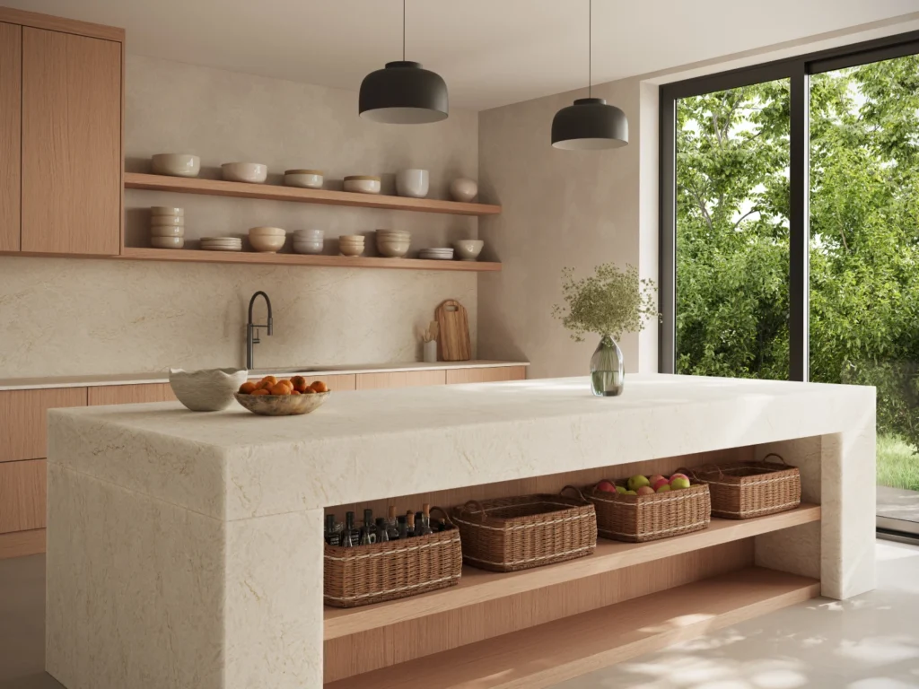Caesarstone<sup>®</sup> Taj Whisper warm beige stone island bench with waterfall edge and integrated shelving, paired with light timber cabinetry in contemporary Australian kitchen