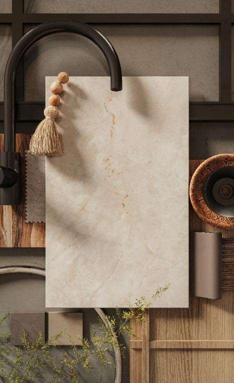 Caesarstone<sup>®</sup> Crestone™ 583 porcelain surface swatch on natural materials mood board with black tapware, woven and timber accents