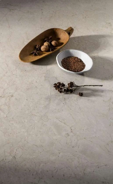 Caesarstone<sup>®</sup> Fossillia™ 545 porcelain surface detail with wooden bowl and scattered spices showing geological texture