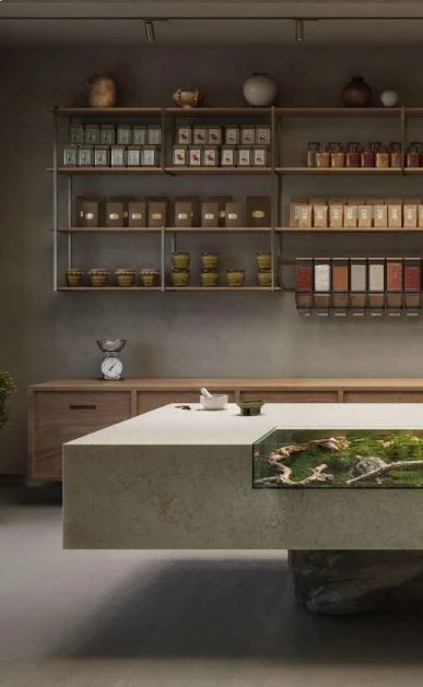 Caesarstone<sup>®</sup> Fossillia™ 545 porcelain kitchen island benchtop in dark moody interior with open shelving and pantry storage