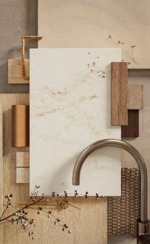 Caesarstone<sup>®</sup> Glacetta™ 537 porcelain surface swatch on design mood board with timber, copper and woven natural material samples