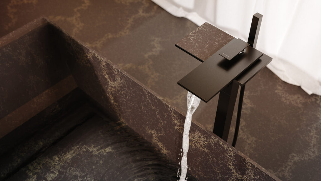 Detailed view of GROHE SPA faucet integrated into Caesarstone<sup>®</sup> Vanilla Noir, showcasing fine craftsmanship and the contrast between metal and stone.