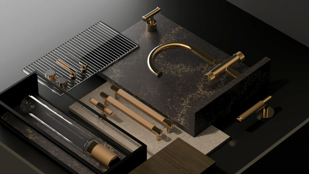 Close-up of GROHE SPA tapware in multiple finishes set against Caesarstone<sup>®</sup> surfaces, highlighting the interplay of material, reflection and flowing water.