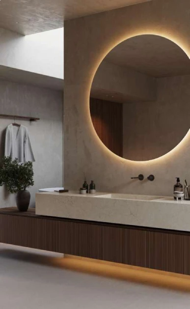 Caesarstone<sup>®</sup> Sedara™ 8252 ICON Mineral vanity benchtop in warm bathroom with backlit round mirror and dark timber joinery